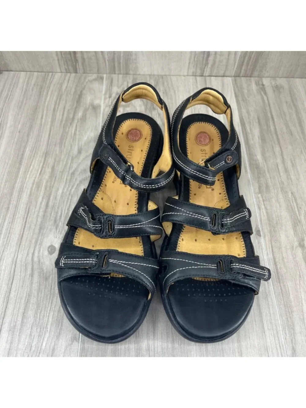 Clarks Sandals Womens 8.5M Black Leather Hook and Loop Strap Shoes